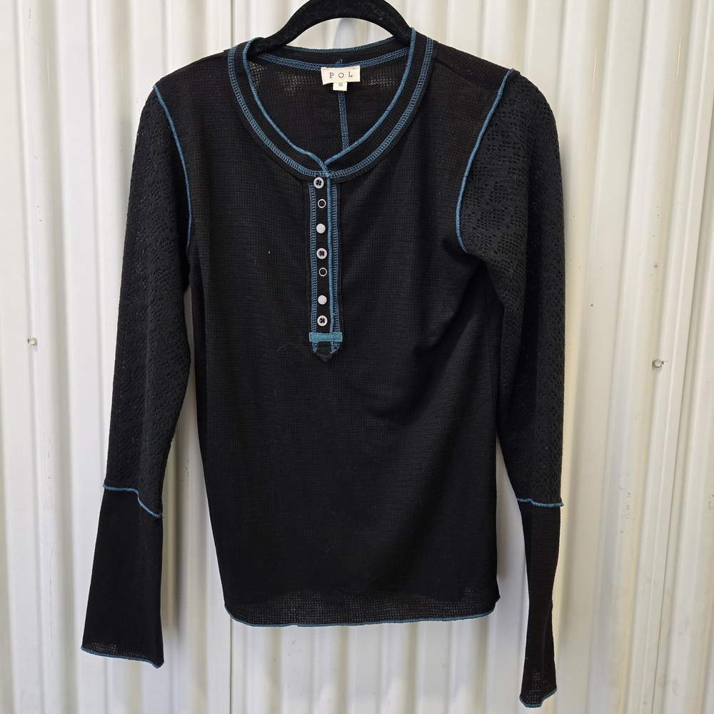 POL Black Thermal Henley with Blue Contrast Stitching